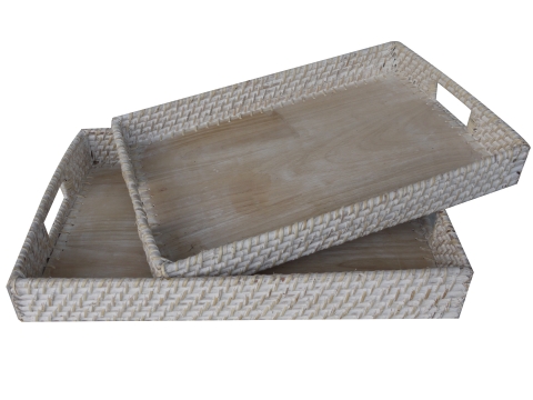 Rectangular rattan tray white washed